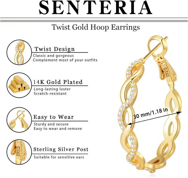 Senteria 925 Sterling Silver Earrings Hoops for Women Lightweight Twisted Hoop Earrings With Cubic Zirconia Hypoallergenic Hoops Earrings (20/30/40/50/60MM) - Image 4